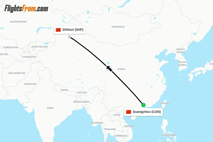 Flights from Guangzhou to Shihezi route map