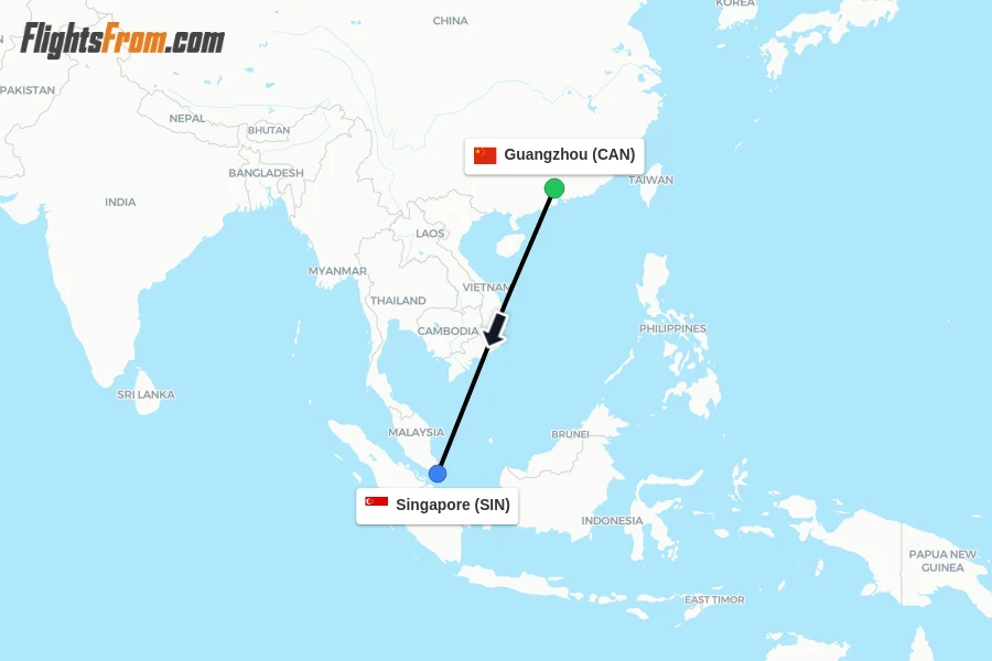 Flights from Guangzhou to Singapore route map