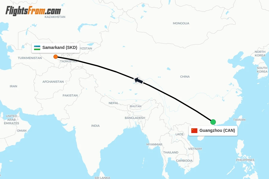 Flights from Guangzhou to Samarkand route map