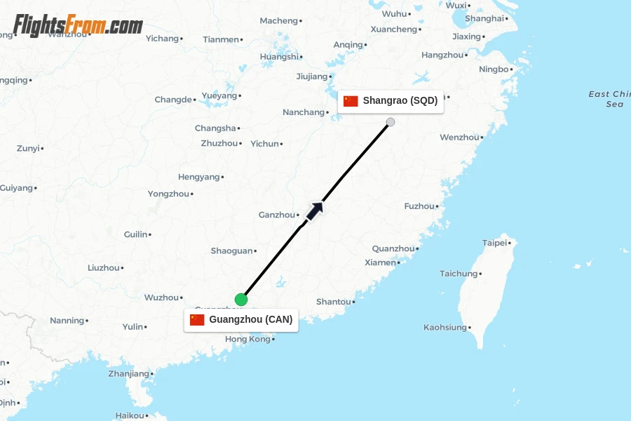 Flights from Guangzhou to Shangrao route map