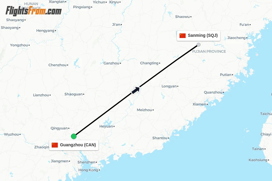 Flights from Guangzhou to Sanming route map