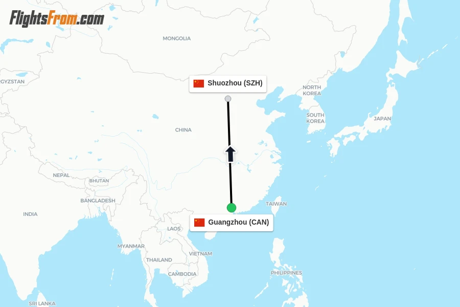 Flights from Guangzhou to Shuozhou route map
