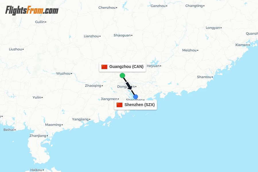 Flights from Guangzhou to Shenzhen route map