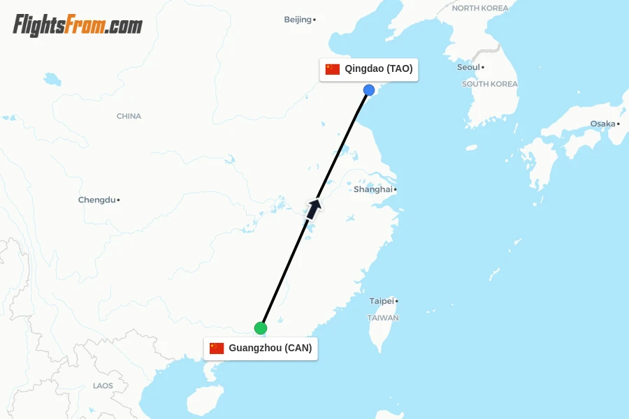 Flights from Guangzhou to Qingdao route map