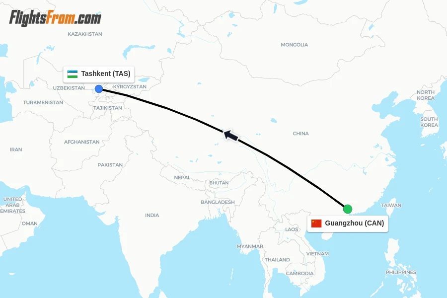 Flights from Guangzhou to Tashkent route map