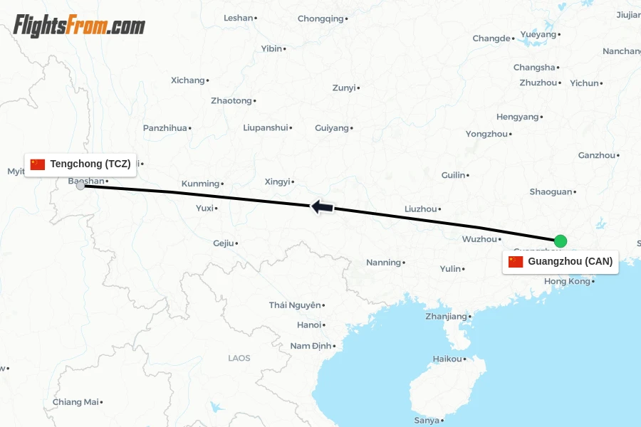 Flights from Guangzhou to Tengchong route map
