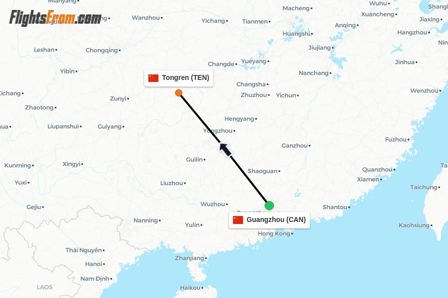 Flights from Guangzhou to Tongren route map