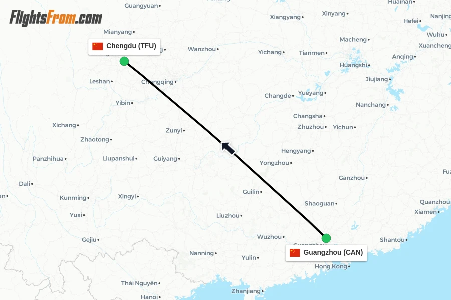 Flights from Guangzhou to Chengdu route map