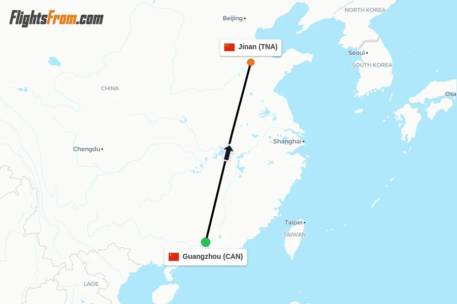 Flights from Guangzhou to Jinan route map