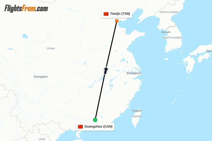 Flights from Guangzhou to Tianjin route map
