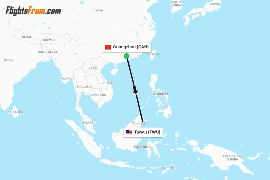 Flights from Guangzhou to Tawau route map