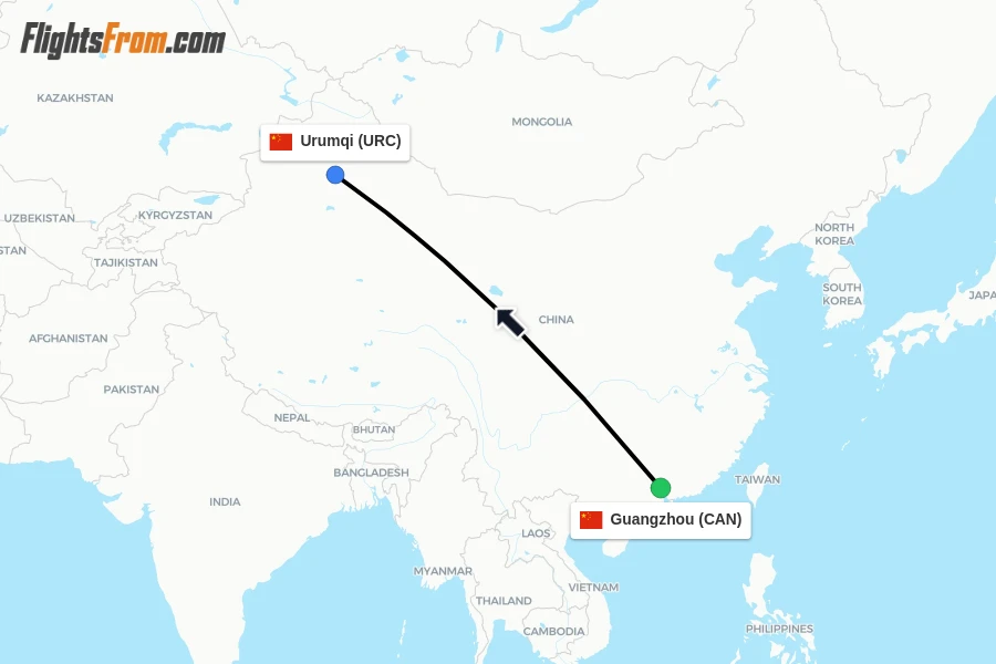 Flights from Guangzhou to Urumqi route map