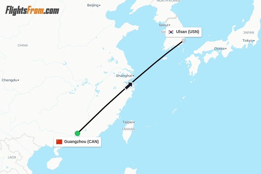Flights from Guangzhou to Ulsan route map
