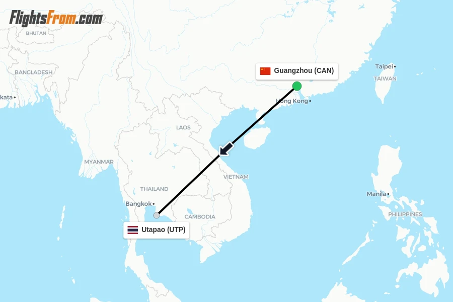 Flights from Guangzhou to Utapao route map