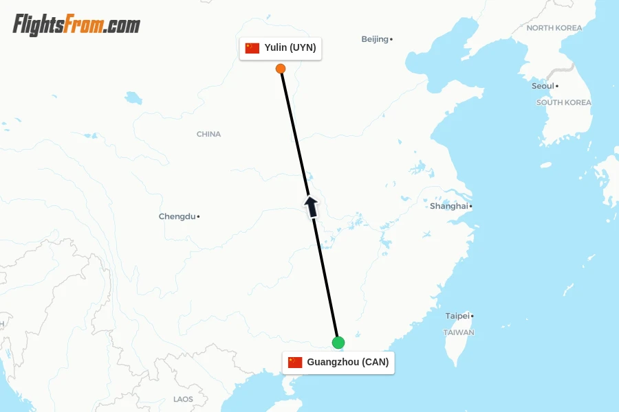 Flights from Guangzhou to Yulin route map