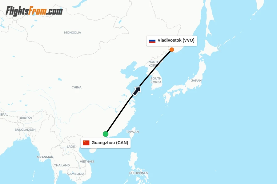 Flights from Guangzhou to Vladivostok route map