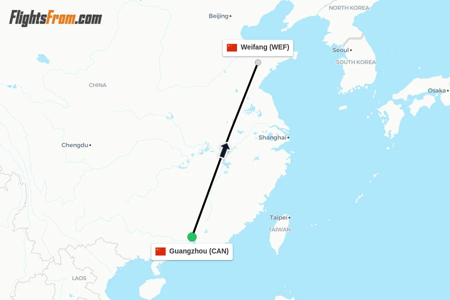 Flights from Guangzhou to Weifang route map