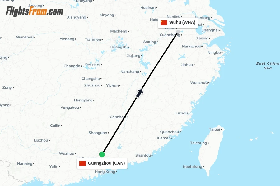 Flights from Guangzhou to Wuhu route map