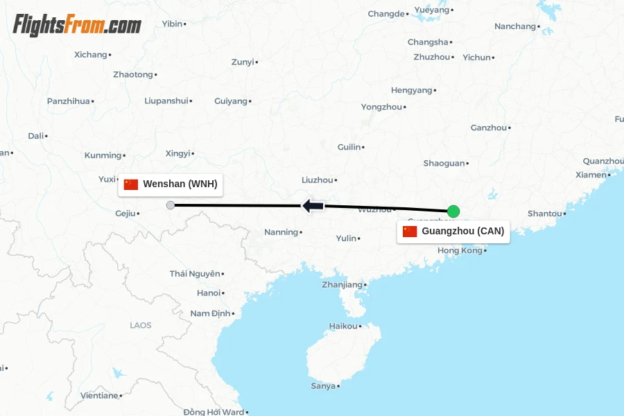 Flights from Guangzhou to Wenshan route map