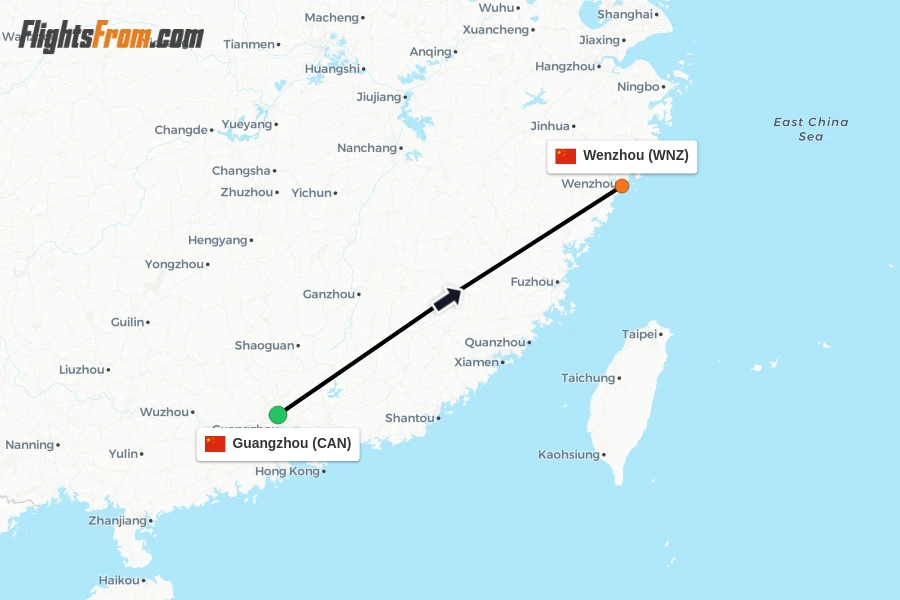 Flights from Guangzhou to Wenzhou route map
