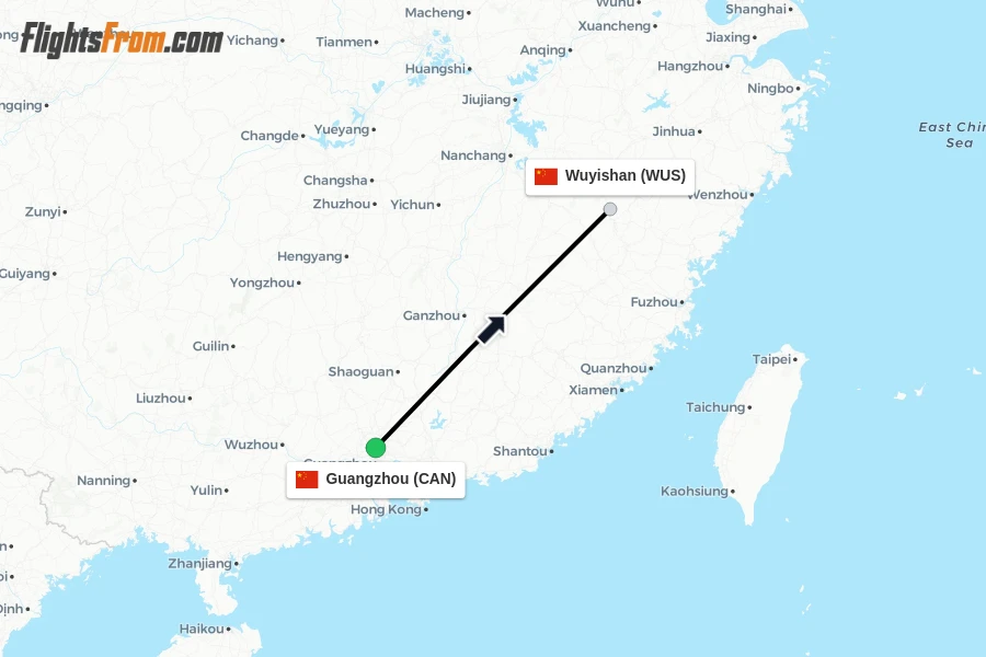 Flights from Guangzhou to Wuyishan route map