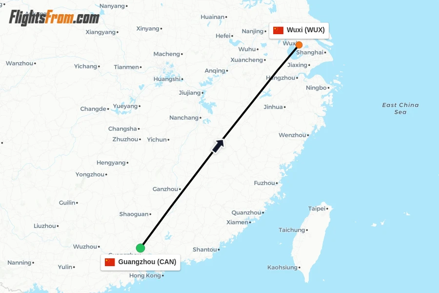 Flights from Guangzhou to Wuxi route map