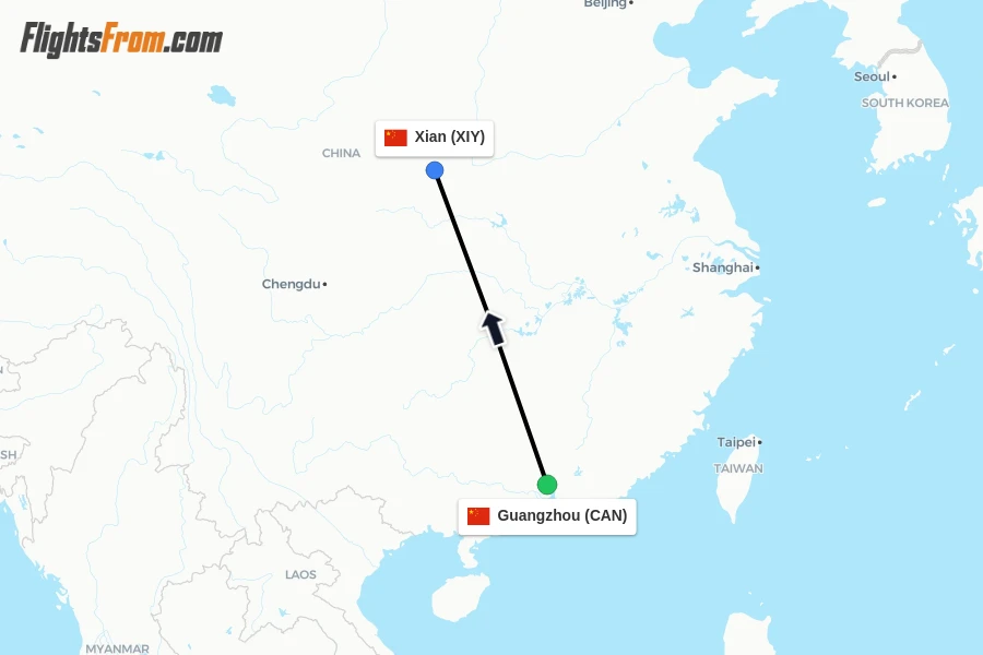 Flights from Guangzhou to Xian route map