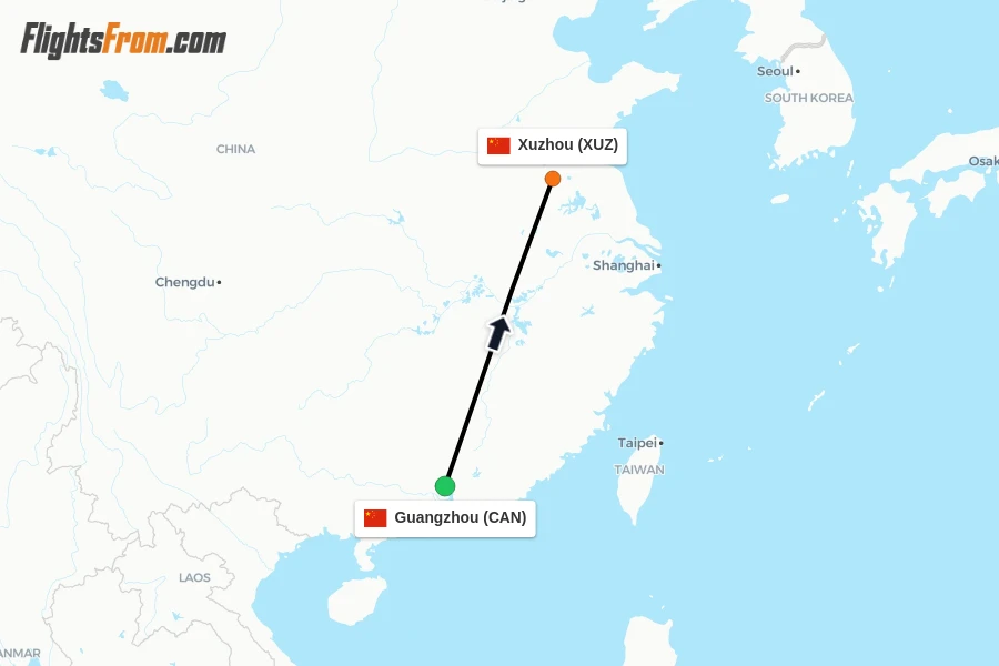 Flights from Guangzhou to Xuzhou route map
