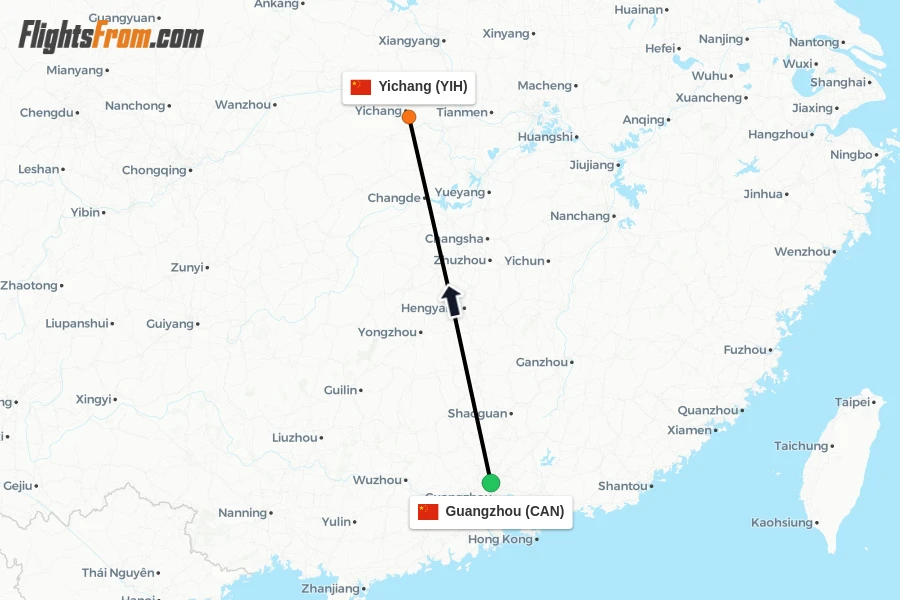 Flights from Guangzhou to Yichang route map