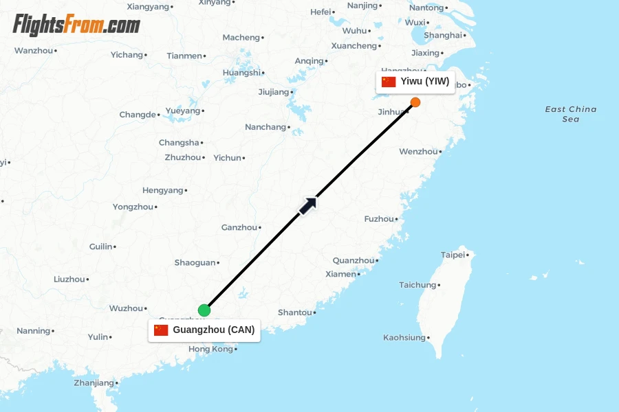 Flights from Guangzhou to Yiwu route map