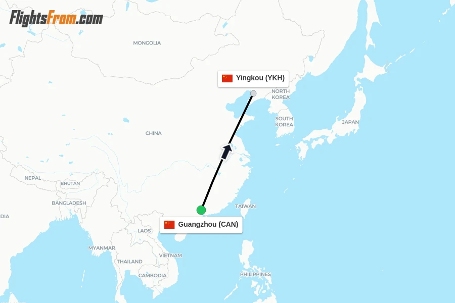 Flights from Guangzhou to Yingkou route map