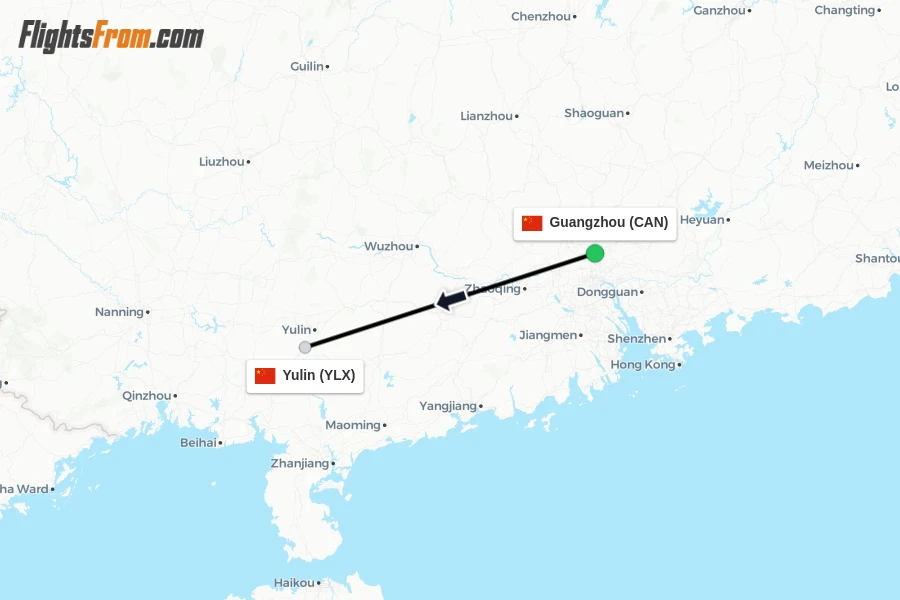 Flights from Guangzhou to Yulin route map