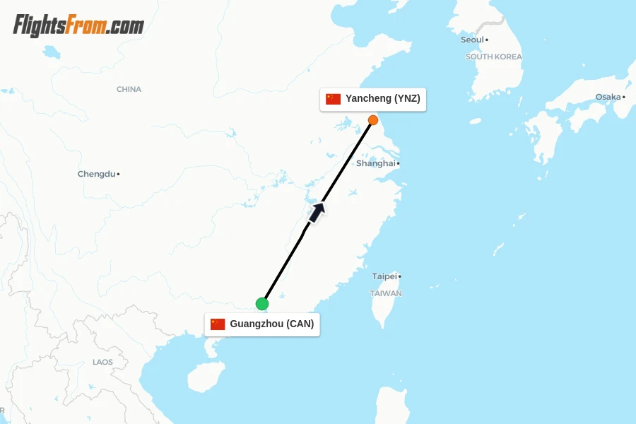 Flights from Guangzhou to Yancheng route map