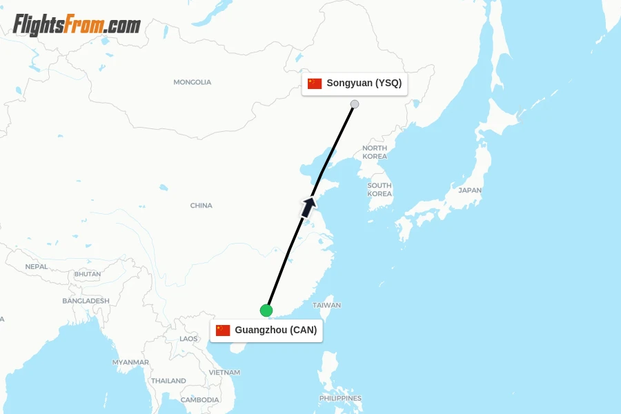 Flights from Guangzhou to Songyuan route map