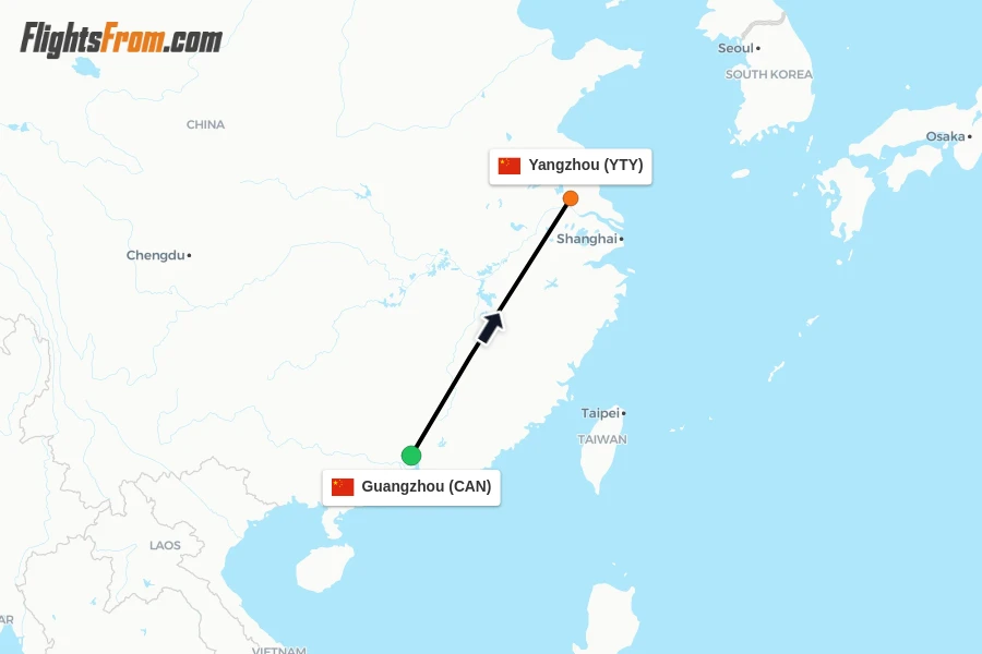 Flights from Guangzhou to Yangzhou route map