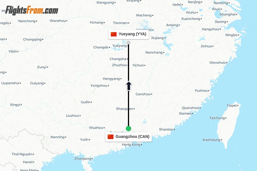Flights from Guangzhou to Yueyang route map