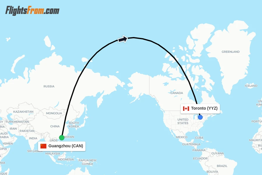 Flights from Guangzhou to Toronto route map