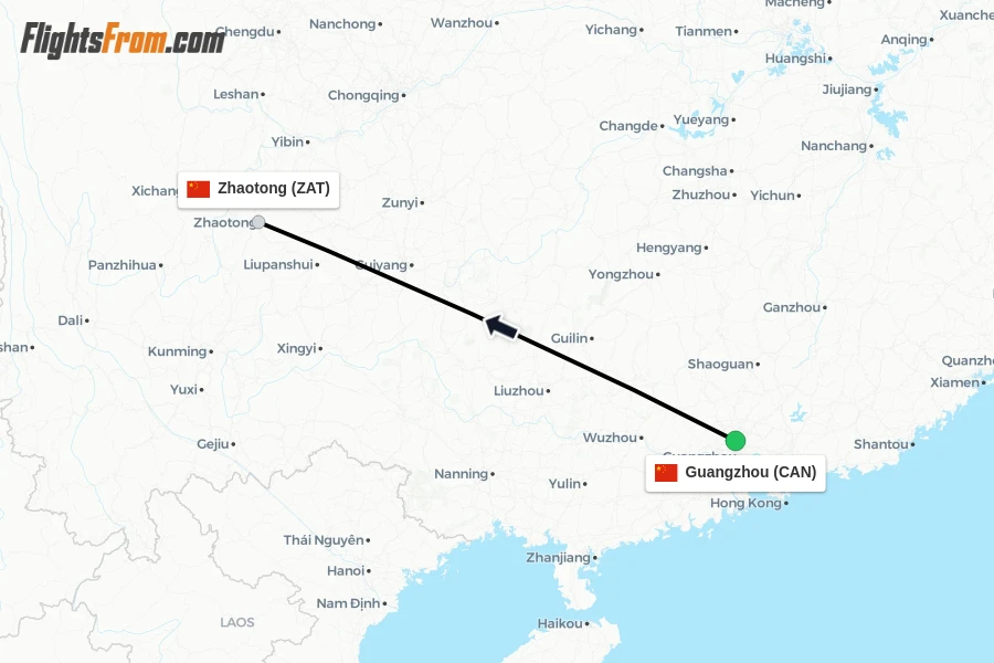 Flights from Guangzhou to Zhaotong route map