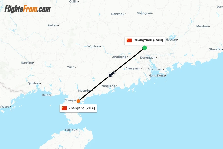 Flights from Guangzhou to Zhanjiang route map