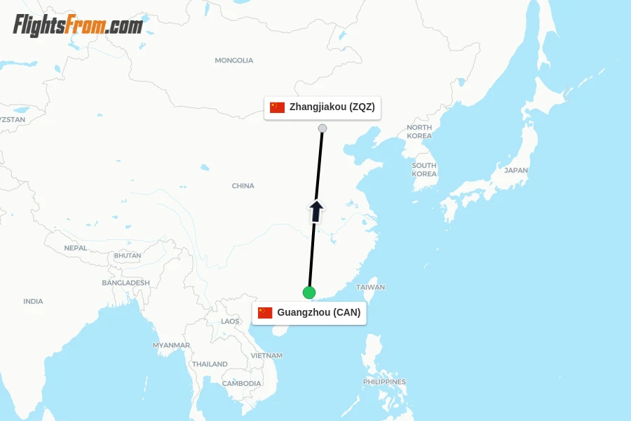Flights from Guangzhou to Zhangjiakou route map