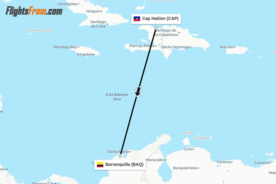 Flights from Cap Haitien to Barranquilla route map