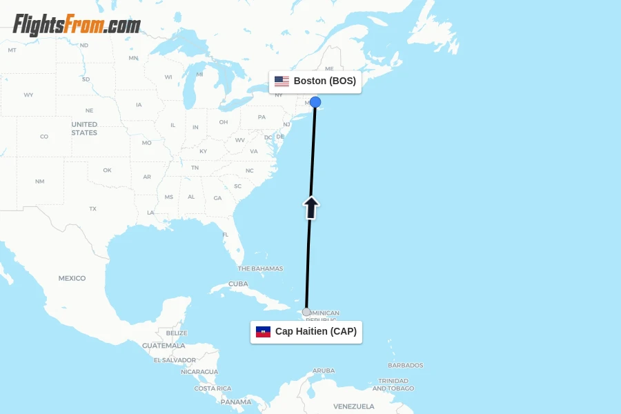 Flights from Cap Haitien to Boston route map