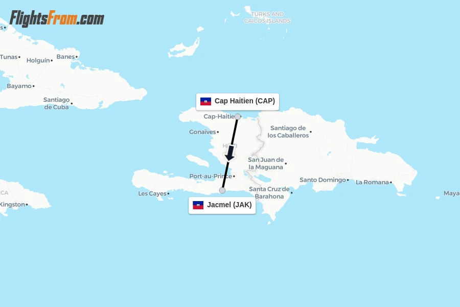 Flights from Cap Haitien to Jacmel route map