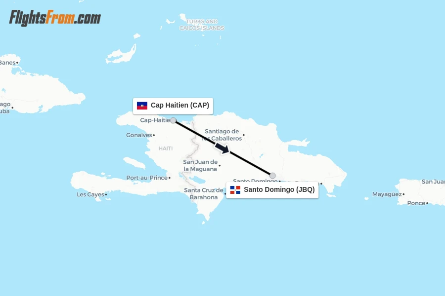 Flights from Cap Haitien to Santo Domingo route map