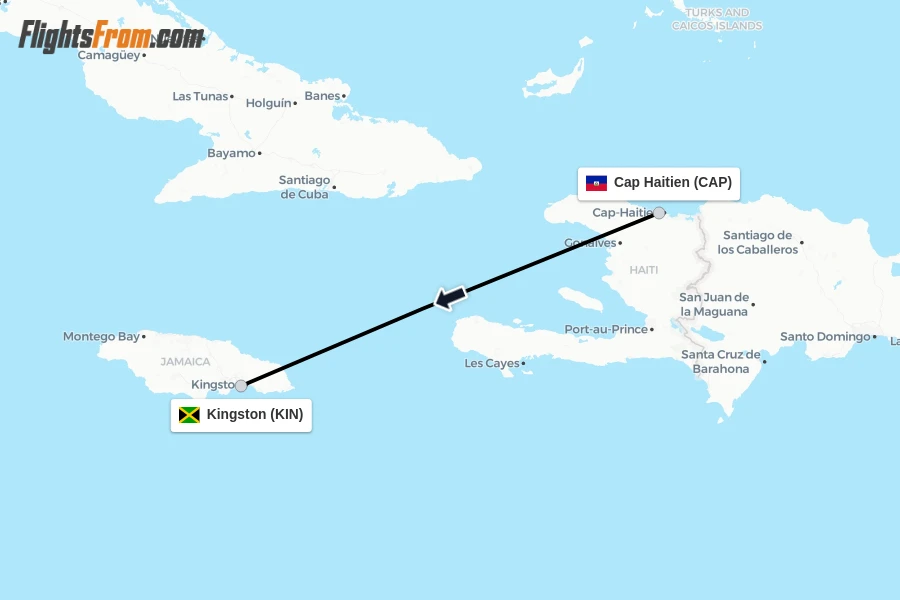 Flights from Cap Haitien to Kingston route map