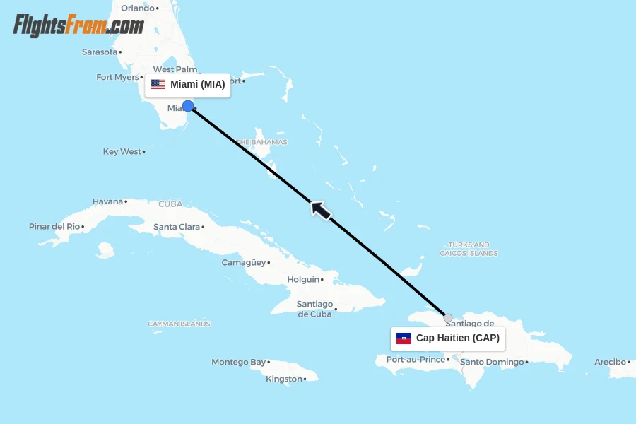 Flights from Cap Haitien to Miami route map