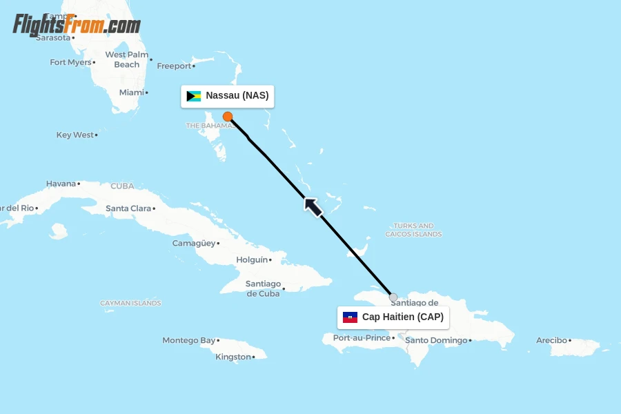 Flights from Cap Haitien to Nassau route map