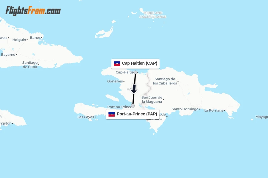 Flights from Cap Haitien to Port-au-Prince route map
