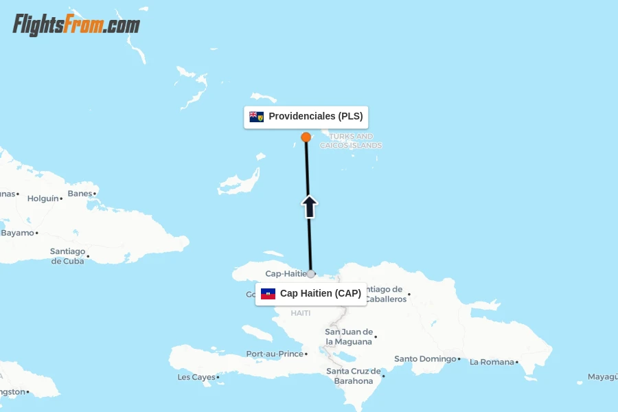 Flights from Cap Haitien to Providenciales route map