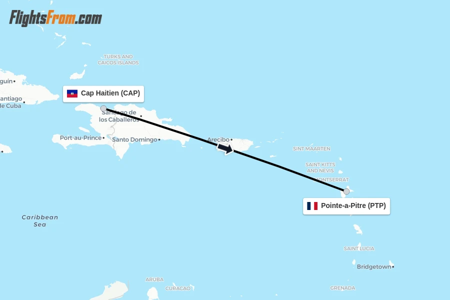 Flights from Cap Haitien to Pointe-a-Pitre route map